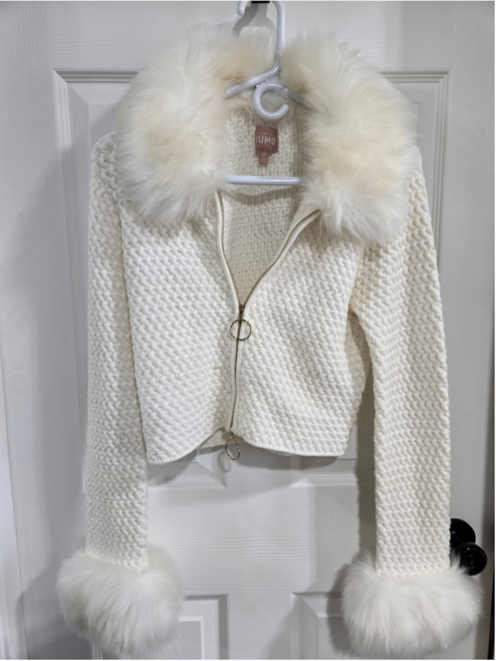 Women's Show Me Your Mumu White Faux Fur Trim Zip-Up Cardigan Size M